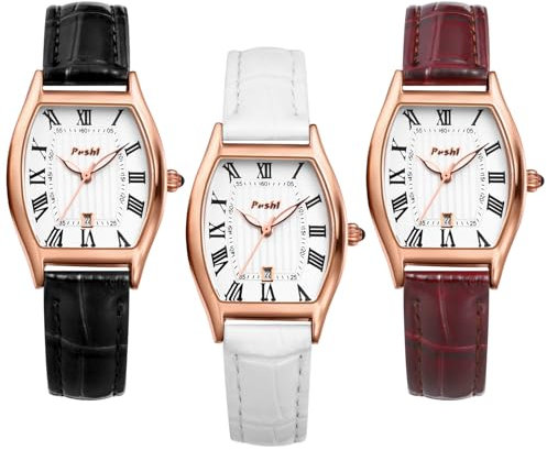 JewelryWe Damenuhr Leder Rechteckige Uhr: 3pcs Damen Vintage Datum Kalender Analog Quarz Armbanduhr Frauen Lederarmband Geschäft Lässige Uhr mit Römischen Ziffern Tonneau Zifferblatt