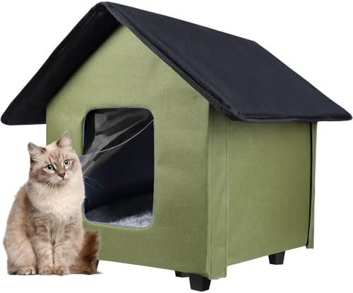 Outdoor Cat House Waterproof, Foldable Cat House with Elevated Base and Removable Mat, Cat Shelter for Outdoor Cats and Small Dogs, Winter House for Outside, Available in All Seasons, Green