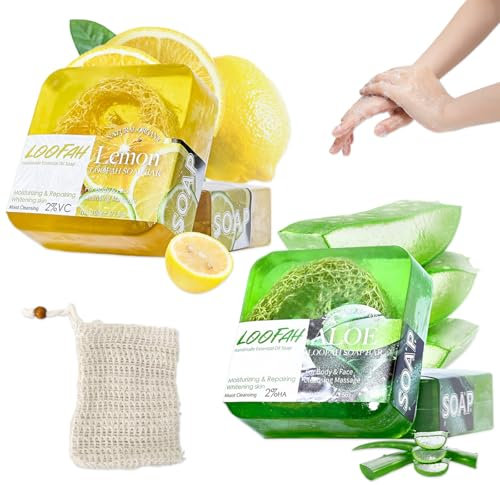 2 Stück Naturseife Aloe Vera Seif Naturseife Seifen Aloe Vera + Lemon Bar Soap Natürlich Biologisch Feste Seife Stück, Zur Verwendung in Der Gesichts- und Körperdusche,mit Schaumstoffnetz(100g)
