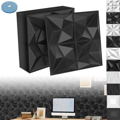 XINZI 3D Wandpaneele PVC Wandverkleidung Wanddeko 50x50 cm, 36 Stück 3D Wandplatten Wall Panels Gaming Wandpaneele, Deckenplatten Wall Deko Panel für Deckenpaneele Wand Panels, Prisma Schwarz, 9m²