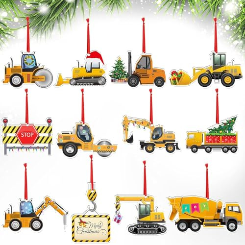 Weihnachtsbaum Anhänger 24 Stück Weihnachtsbaumanhänger Holz Weihnachten Baumschmuck Bagger Christbaumanhänger Weihnachtsbaumschmuck für Weihnachtsdeko, Geschenkanhänger Kinder (Baustellen D)