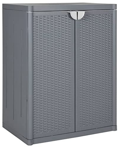 HFXHIJXQ Gartenschrank Grau 65x45x88 cm PP RattanOptik Mehrzweckschrank mit 2 Ablagen Robustes wetterfestes Design Moderner Aufbewahrungsort für Balkon Terrasse und Keller