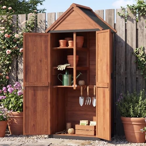Aoxun Gartenhaus Holz 70x38x166cm mit 3 Einlegeböden und Asphaltdach | kompakter Gartenschrank wetterfest mit Magnetverschluss, Holzlagerung für Garten, Balkon und Terrasse, für innen und außen