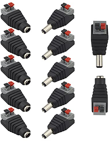 QitinDasen 12Pcs Professionale 12V Premere Tipo DC Alimentazione Connettore Jack Plug Adattatore, 5.5 X 2.1mm Screwless Rapido Filo Connettore, 6 Paia 2 Pin Maschio Spina & Femmina Presa Set