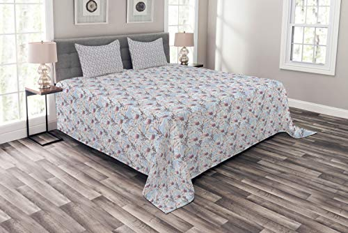 ABAKUHAUS Botanisch Tagesdecke Set, Vintage Innocent Blumen, Set mit Kissenbezügen Moderne Designs, für Doppelbetten 264 x 220 cm, Ceil Blau, Grau, Rosa