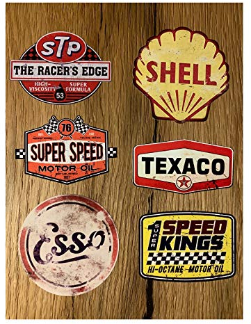 24/7stickers #753 / 6X Aufkleber Vintage Öl Breite je ca. 6,5 cm Oil Tuning Hotrod Retro Oldtimer STP Texaco Shell Esso Racing Rennsport Rallye V8 Ratte Rat Rod