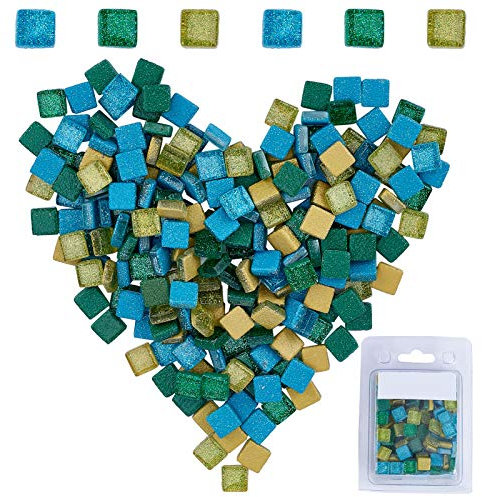 GORGECRAFT 220 Pieces Mosaic Tiles Glass Glitter Mosaic Square Shape Stained Glass Pieces for DIY Crafts Kitchen Shower (Blue-Green Mix, 10 X 10mm)