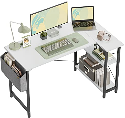 CubiCubi 120 cm Small L Shaped Computer Desk with Storage Shelves Home Office Corner Desk Study Writing Table, White