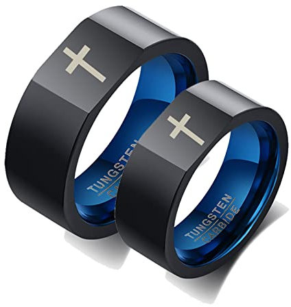 ANAZOZ 2 Stück Eheringe Paarpreis Wolfram Kreuz Eheringe Elegant Freundschaftsringe Blau Schwarz Trauringe Hammerschlag mit Kostenlos Gravur