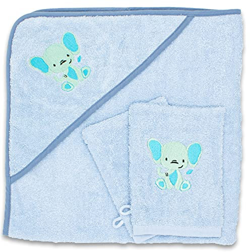 Baby Kapuzenhandtuch im Set mit 2 Waschlappen Oeko-Tex Standart 100 Zertifiziert. Baby Badetuch aus weichem Frottee. Erstausstattung Babyhandtuch mit Kapuze 80 x 80 cm