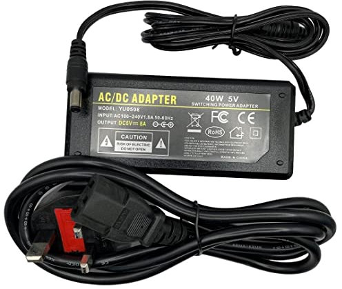 Multibao 8A 5V 40W AC DC Power Supply Adapter Transformer 5.5mm x 2.1mm With 3 Pin UK Plug For LED Strip Lights Monitor