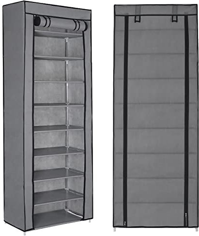 Rainberg 10 Tier Shoes Rack with Dustproof Cover, Shoe Storage Cabinet, Shoe Organizer, Easy to Assemble, Hold up to 25-30 Pairs (H 158cm x W 58cm x D 30cm) (Grey)