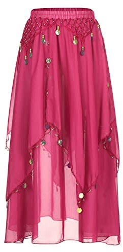 JEATHA Damen Pailletten Bauchtanz Rock Tanzrock mit Perlen Chiffonrock Tüllrock Indischer Tanz Rock Maxirock Tanzkostüm Bauchtanz Kostüm Hot Rosa Einheitsgröße