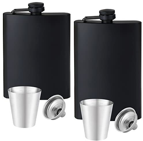 2 petacas para licor para hombres, acero inoxidable negro mate, a prueba de fugas y embudo, con tapa de metal que nunca pierde, petacas para regalo de boda, fiesta, actividades al aire libre (8 onzas)