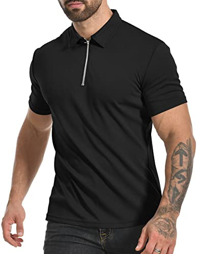MLANM Men's Short Sleeve Polo Shirts 1/4 Zip Quick Dry Golf Polo Shirt Summer Outdoor Lightweight Short Sleeved Shirts, Black M