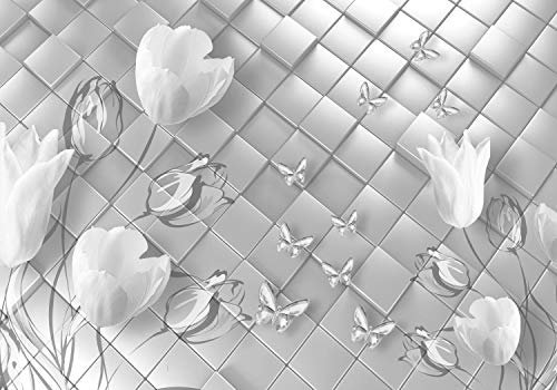 wandmotiv24 Fototapete Tulpen Weiß grau, 400 x 280 cm - selbstklebende Strukturtapete, Wanddeko, Wandbild, Wandtapete, Blumen, Zeichnung, Schmetterling M3722
