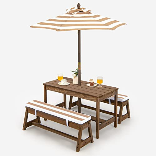 COSTWAY Juego de Mesa y 2 Bancos de Madera con Cojines y Sombrilla, Mesa de Picnic para Niños con Sombrilla, Set de Mesa y Silla para Actividades Interiores y Exteriores para Niños (café)