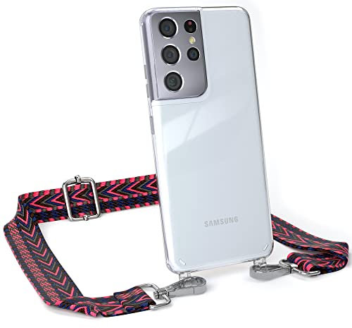 EAZY CASE Handykette - Verstellbares Taschenband kompatibel mit Galaxy S21 Ultra 5G, Schulterriemen, Handykordel mit Silikon Hülle, Umhängetasche, Pink Blau Silber