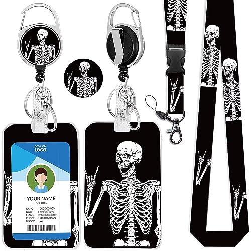 IBOVODI Totenkopf-Schlüsselband mit Ausweishalter und einziehbarem Ausweishalter, lustiger Halloween-Schlüsselanhänger, Schlüsselband, Namensschilder, Namensschilder, Ausweishalter für