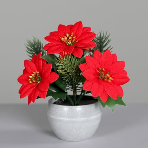 mucplants künstlicher Weihnachtsstern 18cm im Topf mit Tanne und Ilex Poinsettie Samt-Rot Kunstpflanze