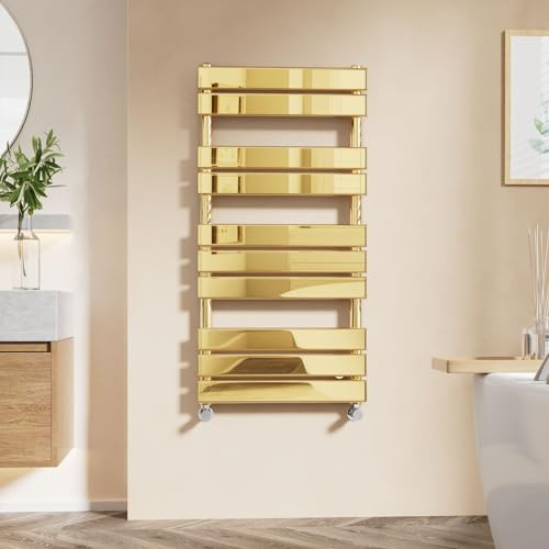 EMKE Flat Panel Heated Towel Rail - Modern Design Bathroom Radiator Gold 1000 x 500 mm - Versatile Floor/Wall Mounted Ladder Rad Warmer