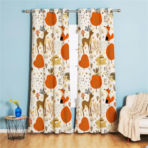 Koudi Kinderzimmer Vorhänge Blickdicht Cartoon Waldtiere Verdunkelungsvorhänge Elch Hase Fuchs Gardinen für Mädchenzimmer, Kinderzimmer, Babyzimmer Dekoration 210 x 132cm (H × B)
