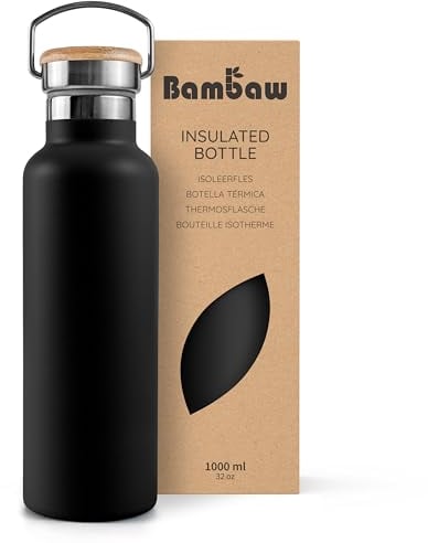 Bambaw Thermosflasche 1, Trinkflasche 1l Schwarz, Edelstahl Trinkflasche, Getränkeflasche 1 Liter, Bambus Isolierflasche, Thermotrinkflasche – Tiefschwarz