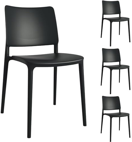 PAPATYA Joy-S 4er-Set Designer- Kunststoffstuhl, 200 kg belastbar, Leichter stapelbar Gartenstuhl, wetterfester Balkonstuhl, Terrassenstuhl, Hotelstühle, Restaurantstühle, Stapelstuhl (Schwarz)
