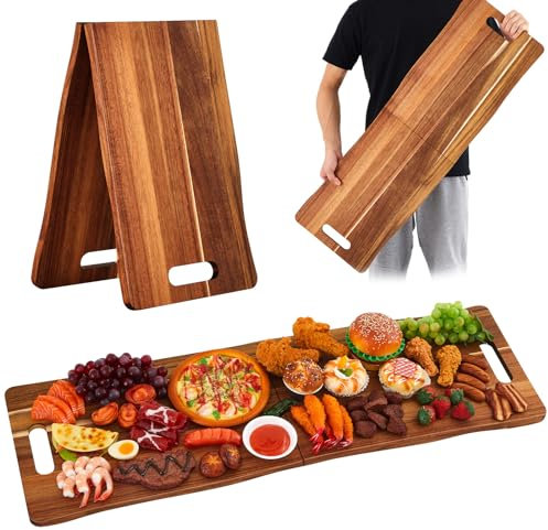 FoldTier Large Acacia Charcuterie Board with Handles 36 x 12 Inch Extra Large Wood Foldable Serving Tray Wood Rectangular Appetizers Cheese Food Meat Board for New Home Party Housewarming Gifts