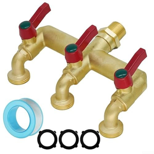 3-Wege-Messing-Wasserhahn-Verteiler, Wasserhahn-Verteiler, Schlauchverbinder, Wasserhähnen-Adapter mit individuellem An-Aus-Ventil, mit Gummi-Unterlegscheiben