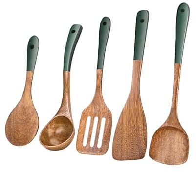 5 Pcs Wood Cooking Utensil Set – Wooden Spoons for Cooking, Wooden Kitchen Utensils for Nonstick Pans & Cookware – Sturdy, Lightweight & Heat Resistant
