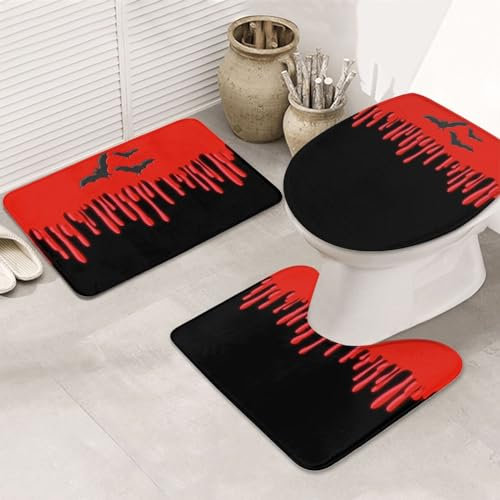 rutschfeste 3 Badteppich Set Fledermäuse & Rotes Tropfendes Blut Halloween Kontur Badteppich Dekorative Langlebige Küchentürteppich, Für Spa, Badewanne