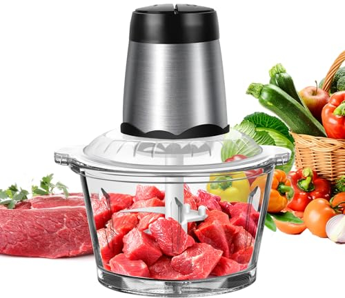 Electric Food Chopper, 2L Mini Food Chopper, Kitchen Food Processor and Blender, Glass Bowl Vegetable Grinder with 4 Bi-Level Blades, 2 Speed Settings, for Fruit Pepper Chili Vegetable Onion Meat