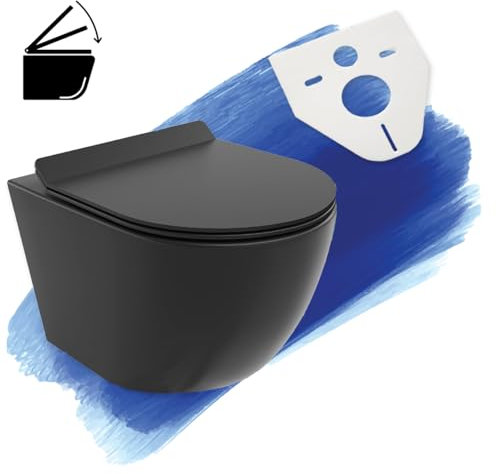 BADLAND WC Rolo – Wandhängende Toilette aus Keramik in Schwarz, mit Soft-Close WC-Sitz, Nano-Beschichtung, modernes Hänge-WC für Badezimmer & Gäste-WC