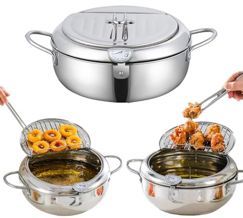 Japanese Deep Fryer Pot - 2.2L/3.4L/4.2L, Japanese Deep Fryer 304 Stainless Steel Frying Pot with Thermometer Gauge and Oil Drip Drainer Rack (Silver,2.2L)