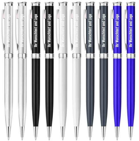 Gravurmaster 10er-Set Kugelschreiber Personalisiert,Dre-Kugelschreiber mit Gravur von Logo & Text,Hochwertige Blau Metall-Kulis für Business,Unternehmen,Werbeartikel,Events,Schule,Büro,Blau Tinte