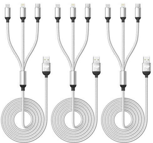 Multi Charging Cable [3Pack 1.2M] Fast 3 in 1 Multiple USB Cable Nylon Braided with Micro USB Type C Lightning Connector for iPhone, Android, Samsung, Huawei, Nexus, Nokia, LG, Sony