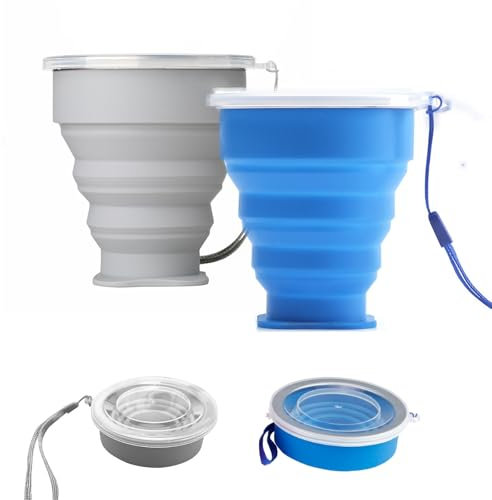 ZPLASK 2 Pcs Collapsible Cup, Silicone Foldable Cup with Sealing Lid Carabiner, BPA Free Collapsible Travel Mugs, Collapsible Coffee Cup Reusable Portable Cup for Picnic Camping Hiking Travel