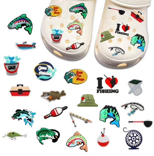 IGEAIIE Fishing Croc Decoration Charms, Fun Outdoor Fishing-Themed PVC Shoe Charms for Clog, Durable DIY Accessories for Men, Teens, and Kids, Perfect for Camping, Fishing, and Gift Ideas