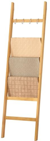 YORBAY Toallero Escalera con 6 Peldaños 2 Correas de Seguridad contra Caídas y 4 Ganchos Toallero para Baño Decorativo Escalera de bambú Escalera Decorativa (Color del bambú)