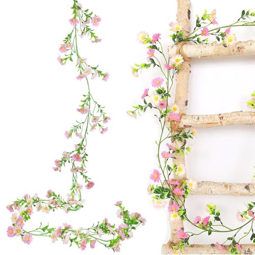 XoeLLe Ghirlanda di Margherita Ghirlanda Fiori Piante Artificiali Artificiali Fiori Appesi 2,1m Rampicante Seta Vite Finta Appesa Rattan, per Nozze Arco Festa Casa All'aperto (Rosa)