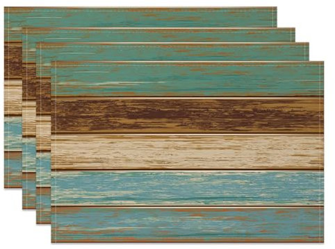 MIRRORANG Lot de 4 sets de table en bois côtier - 45 x 30 cm - Bleu et marron - Motif planche de bois - Pour plage, maison, cuisine, salle à manger