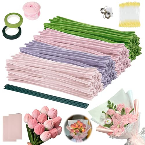 400 Stück Pfeifenputzer zum Basteln, Pfeifenreiniger Blumen Set mit LED-Lichtleiste, Schleifenband, Blumen-Staubblatt, Blumenpapier, Pfeifenreiniger Blumen Kit für Tulpe Blumenstrauß DIY