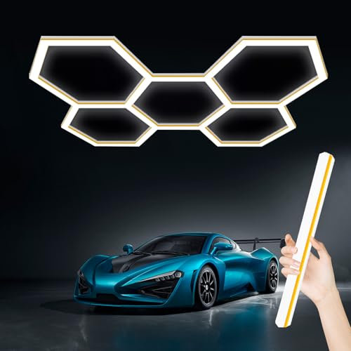 Jatwefiv Hexagon LED Garage Light 5-Hexagon-Rahmen - 6500K Tageslichtweiß, Verbindbare Röhrenleuchten für Garage, Werkstatt, Autopflege, Fitnessstudio,Gelb