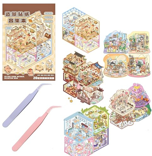 22 Stück DIY-Aufkleber, 3D Miniatur Haus Sticker, Hausaufkleber 3D Miniature Scene Stickers, Miniatur Haus Sticker 3D Mit Pinzette, Aufkleber Scene Selbermachen Von Kaffeehaus (A) (A)