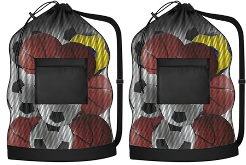 Neikafan Extra Large Sports BallBag 2Pcs NetBag Holds 10-12 Size 5/7 Waterproof Storage Drawstring Mesh Bag Adjustable Shoulder Strap Suitable Basketball Football Tennis Volleyball Training Equipment