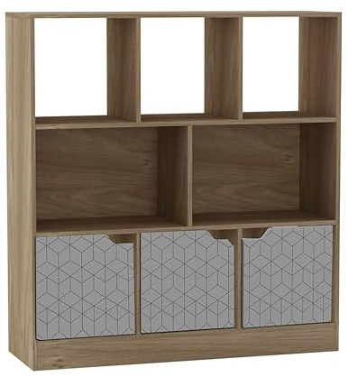 URBNLIVING Oak 8 Cube Asymmetrical Bookcase – Freestanding Storage Cabinet with 3 Doors - Geo Design Doors - Grey