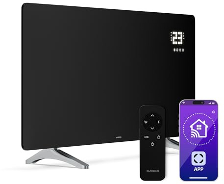 Klarstein Calefactor Infrarrojo, 720W – Panel de Vidrio, Montaje en Pared o Independiente, WiFi/App, Termostato, IP43 Baño, Temporizador, Seguridad Infantil, Calefacción Eficiente, Negro