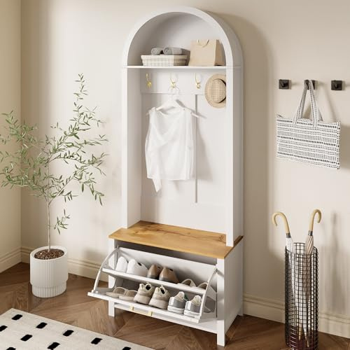 DACHETOU Garderobenschrank, 80 x 200 cm mit Schuhregal, Ablage & Haken für Eingangsbereich, Modernes Design, stabile Eisenfüße, praktische Aufbewahrung, Weiß