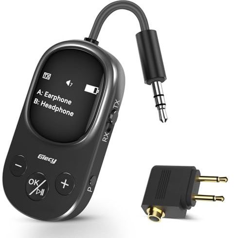 Giecy Bluetooth Adapter 2 in1 Sender Empfänger Klinke 3,5,Anschluss mit OLED-Display für Flugzeug,Dual-Verbindung, aptX Low Latency, Drahtloser Audio-Adapter für 2 AirPods,TV, MP3, Kopfhörer(Schwarz)